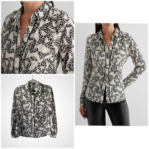 NEW Express Portifini Black and White Blouse Bow Snow Leopard Print Button Down